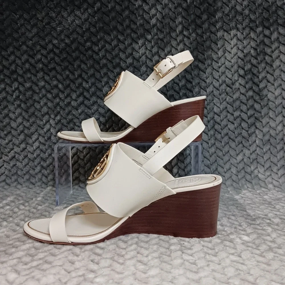 Tory Burch Cream Leather Wedge Sandals with Gold Logo - Picture 2 of 16